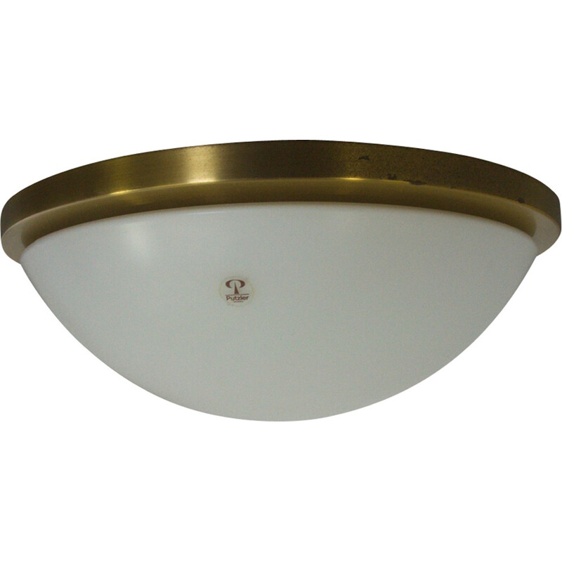 Circular opaque glass and brass ceiling Light Putzler - 1970s