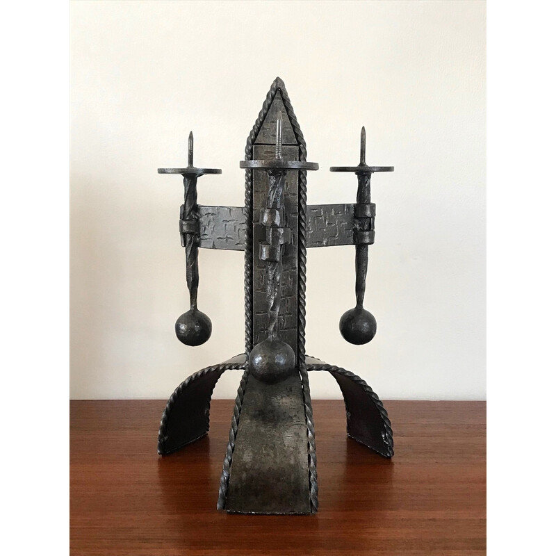 Vintage-Kerzenhalter aus Stahl und gedrehtem Eisen, 1970