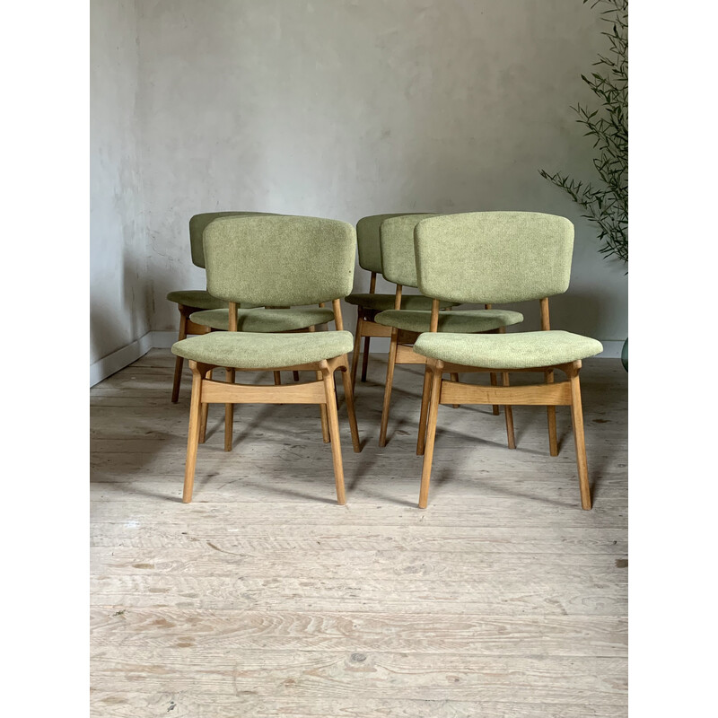 Conjunto de 6 cadeiras vintage em carvalho e veludo verde de Gunnar Sorlie, Noruega