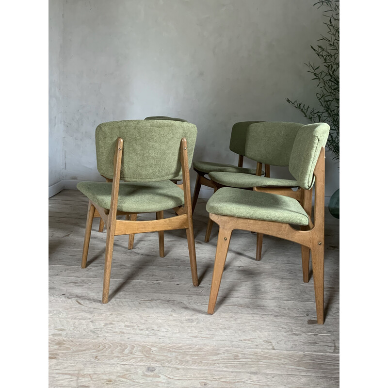 Set of 6 vintage chairs in oak and green velvet fabric by Gunnar Sorlie, Norway