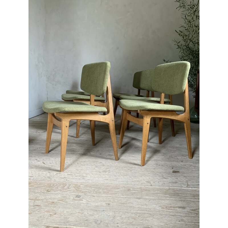 Lot de 6 chaises vintage en chêne et tissu velours vert de Gunnar Sorlie, Norvège