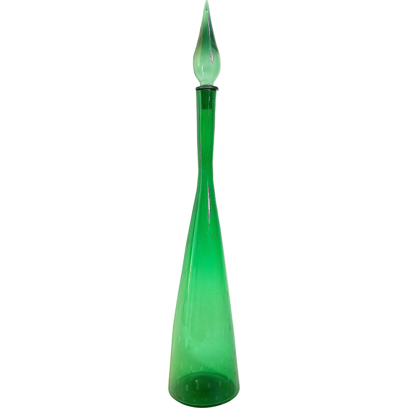 Decantador vintage Génie de vidrio soplado verde oscuro, Italia 1970