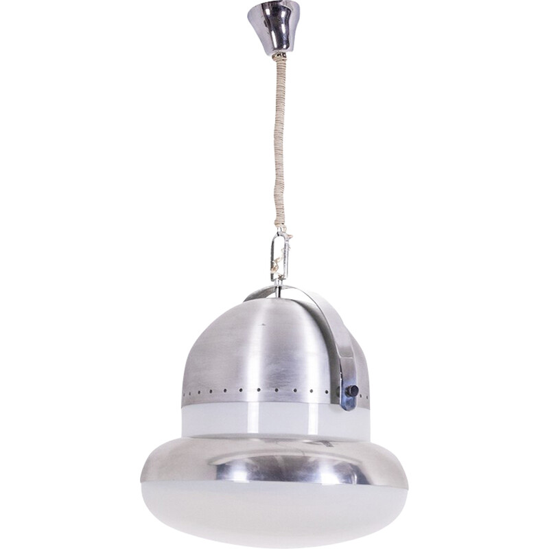 Vintage circular pendant lamp in brushed metal and opaline glass, 1970