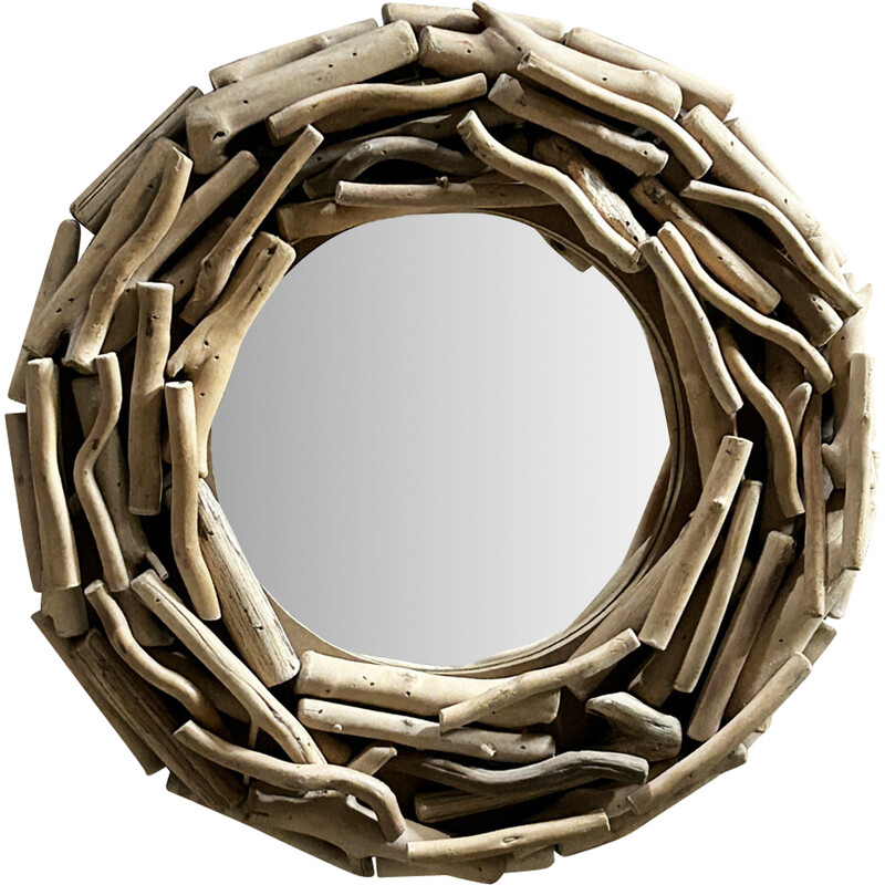Specchio rotondo vintage in legno driftwood