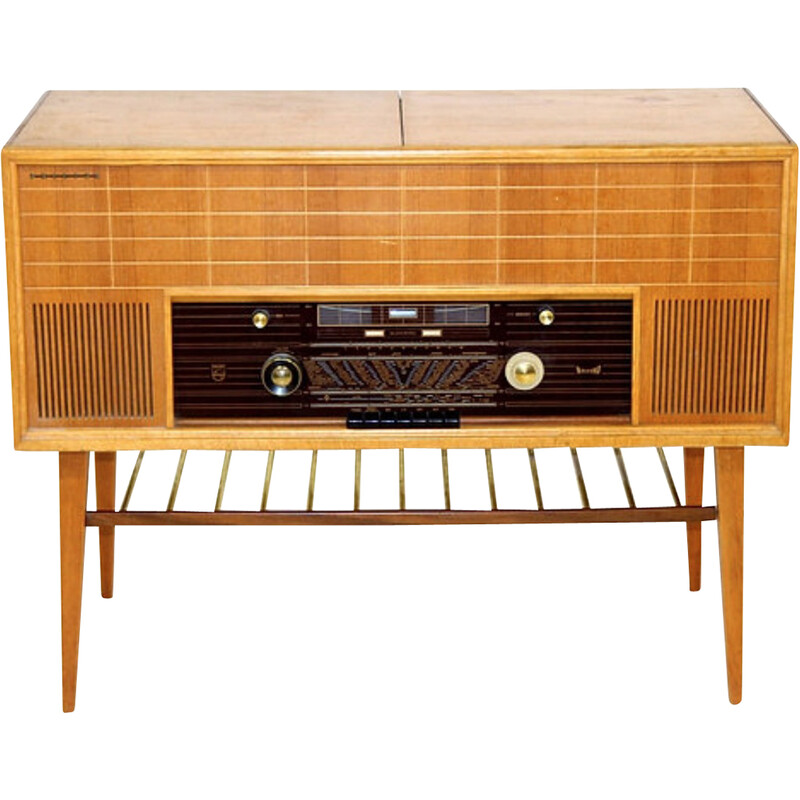 Vintage vinyl radio cabinet "Type F6S 04AR" in oak and teak for Philips, 1950