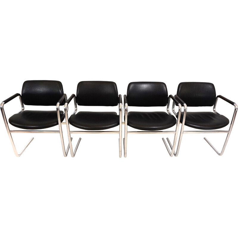 Set of 4 vintage dining chairs in metal and black leather by Jørgen Kastholm for Kusch et Co, 1970