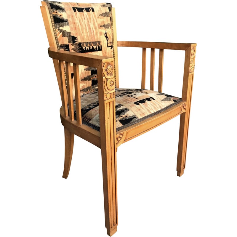 Vintage Art Deco fauteuil van massief hout en wollen stof, 1930