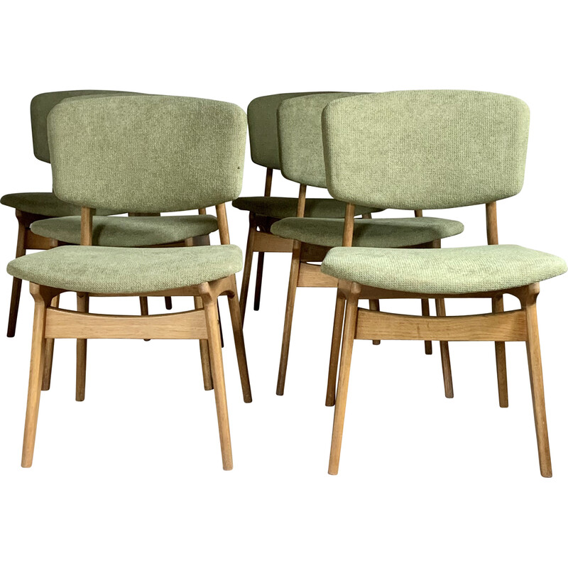 Lot de 6 chaises vintage en chêne et tissu velours vert de Gunnar Sorlie, Norvège