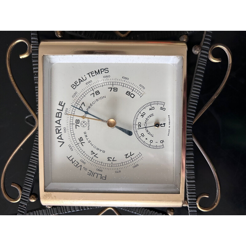 Vintage barometer in wrought iron and brass for Naudet, France 1950