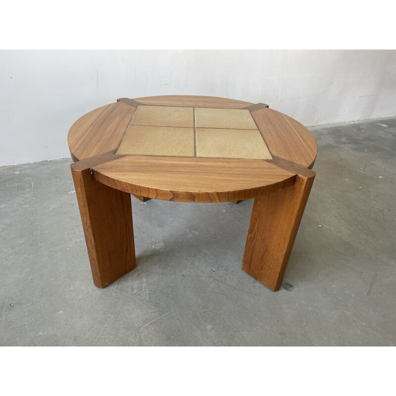 Vintage coffee table in solid elm and ceramic for Maison Regain, 1970