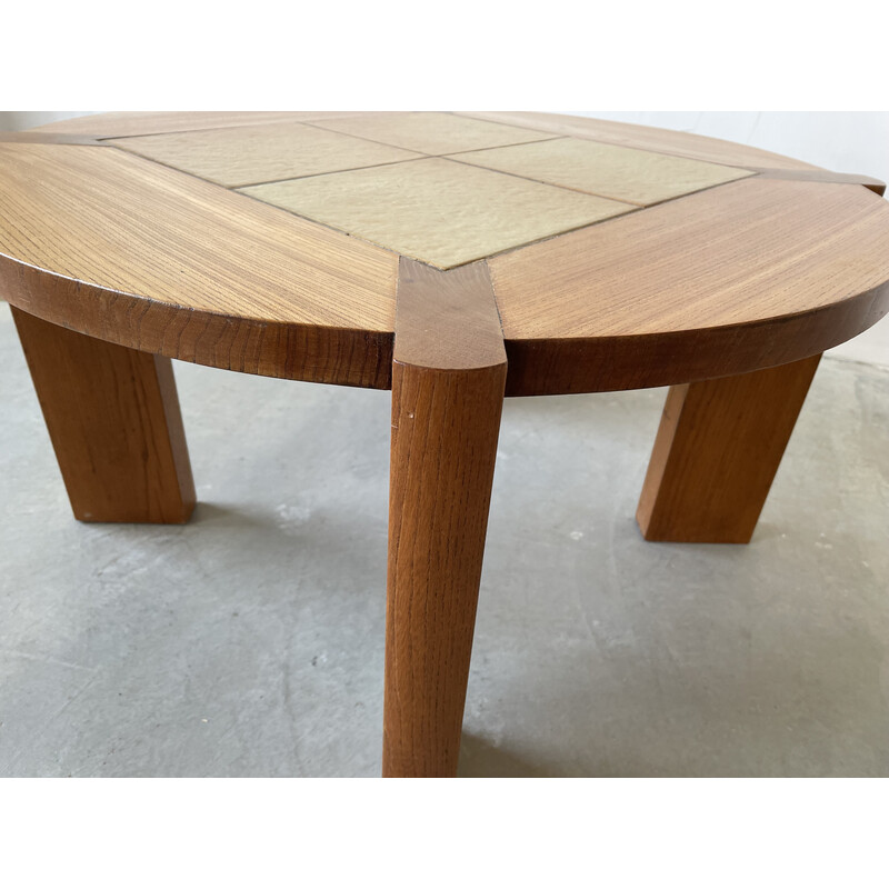 Vintage coffee table in solid elm and ceramic for Maison Regain, 1970