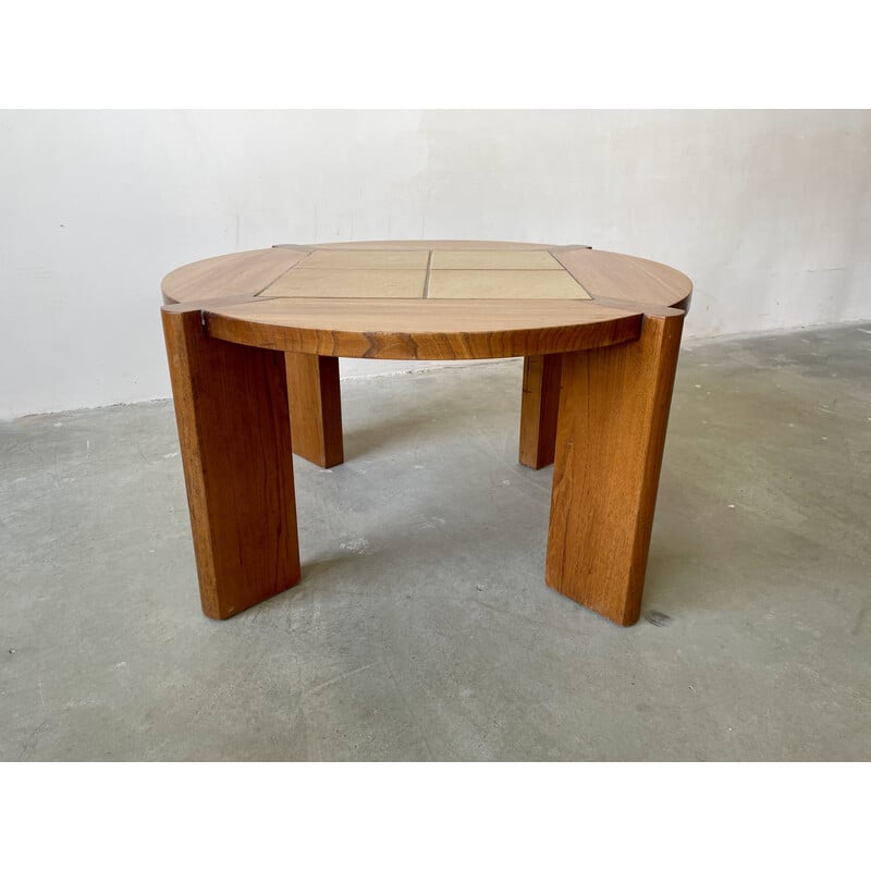 Vintage coffee table in solid elm and ceramic for Maison Regain, 1970