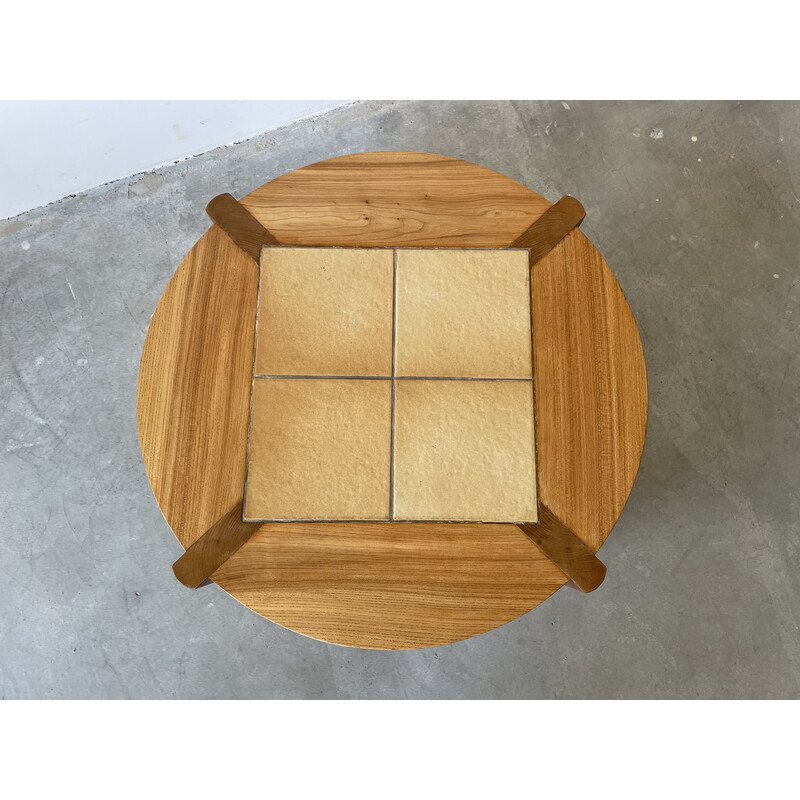 Vintage coffee table in solid elm and ceramic for Maison Regain, 1970