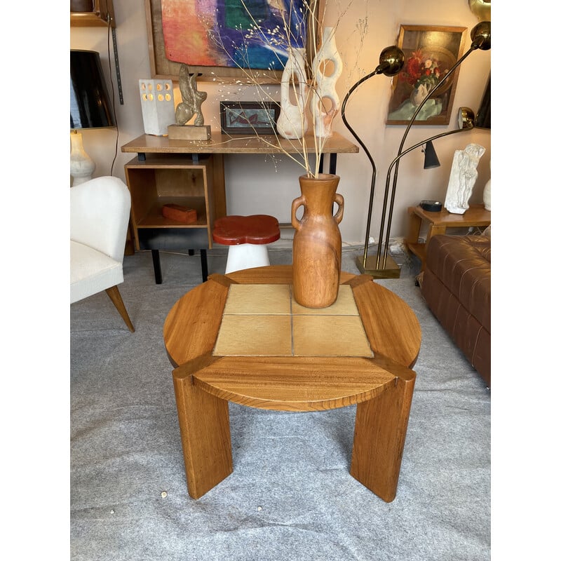 Vintage coffee table in solid elm and ceramic for Maison Regain, 1970