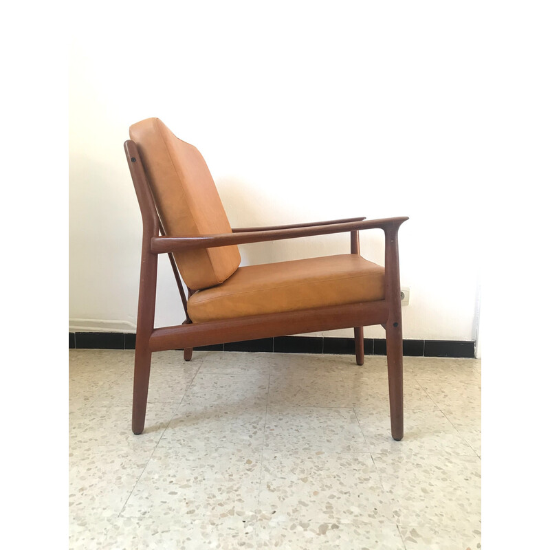 Pair of vintage teak armchairs and leatherette cushions by Svend Aage Eriksen, Denmark 1960