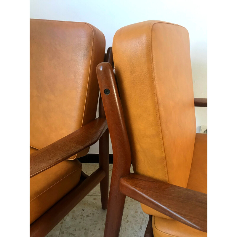 Pair of vintage teak armchairs and leatherette cushions by Svend Aage Eriksen, Denmark 1960