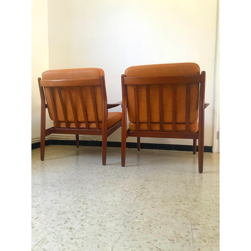 Pair of vintage teak armchairs and leatherette cushions by Svend Aage Eriksen, Denmark 1960