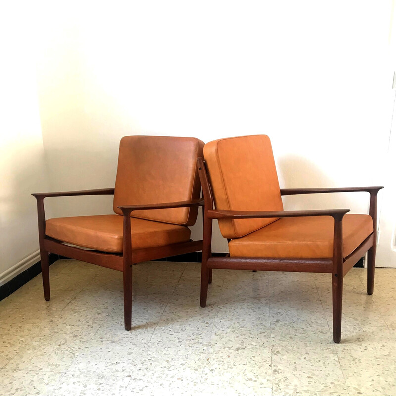 Pair of vintage teak armchairs and leatherette cushions by Svend Aage Eriksen, Denmark 1960