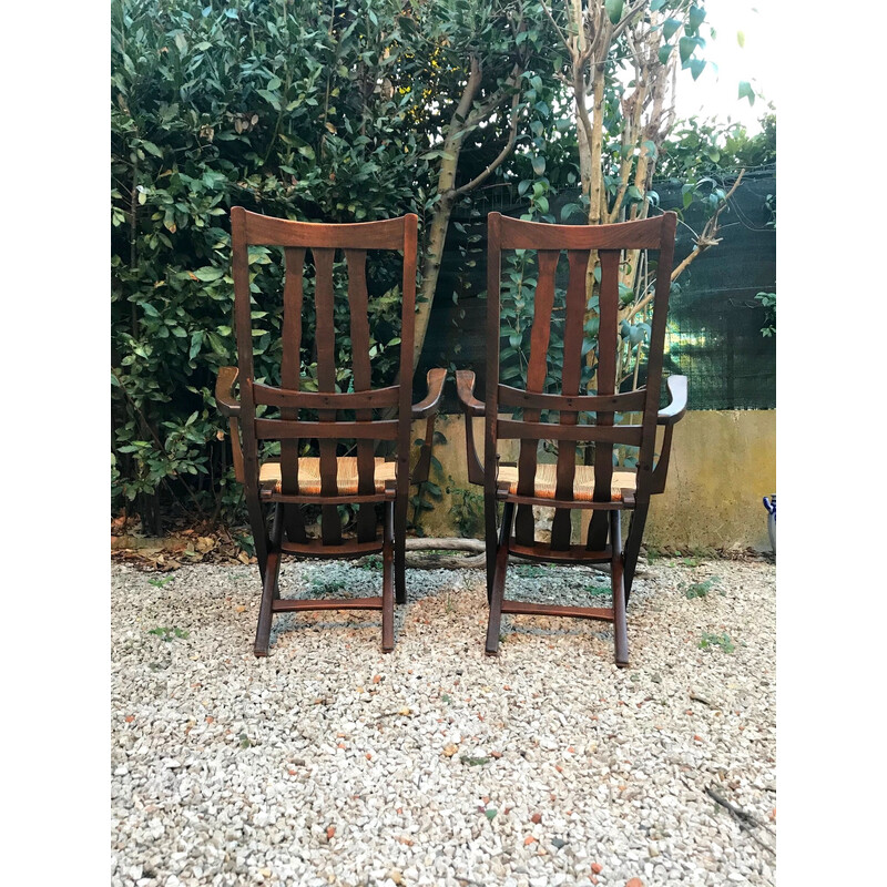 Pair of vintage oak and straw armchairs, 1960