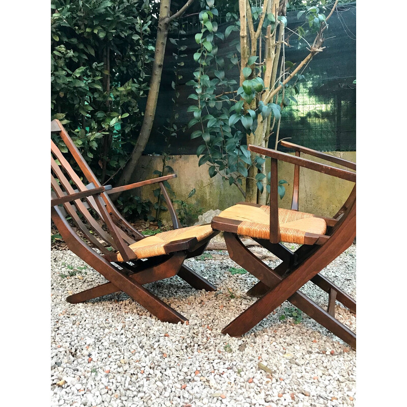 Pair of vintage oak and straw armchairs, 1960