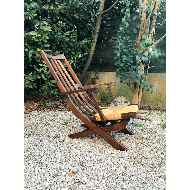 Pair of vintage oak and straw armchairs, 1960