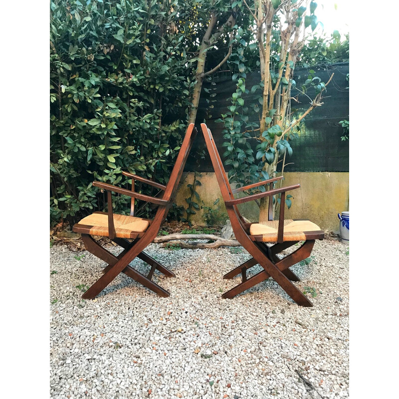 Pair of vintage oak and straw armchairs, 1960