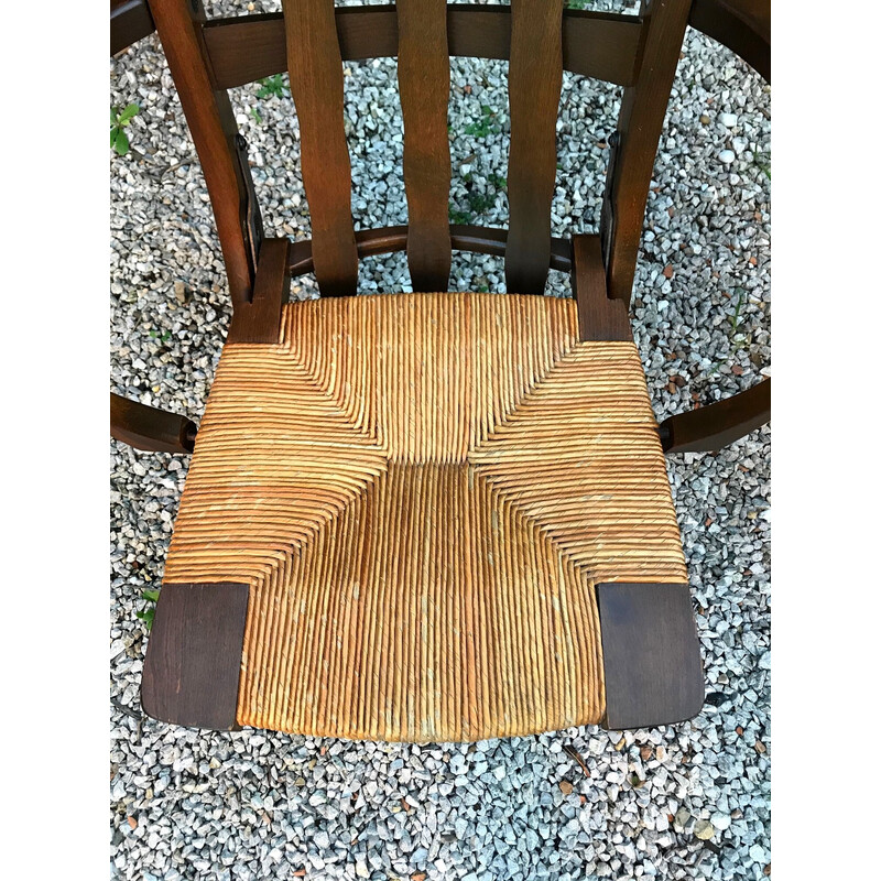 Pair of vintage oak and straw armchairs, 1960