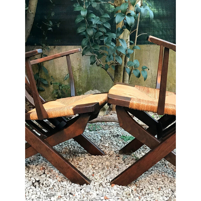 Pair of vintage oak and straw armchairs, 1960