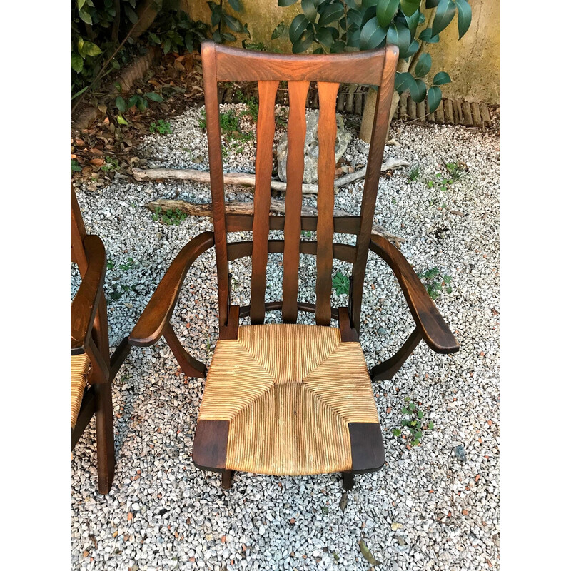 Pair of vintage oak and straw armchairs, 1960