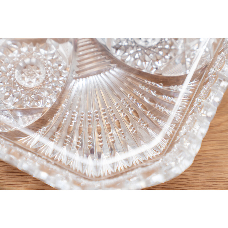 Vintage square hand-carved Bohemian crystal tray