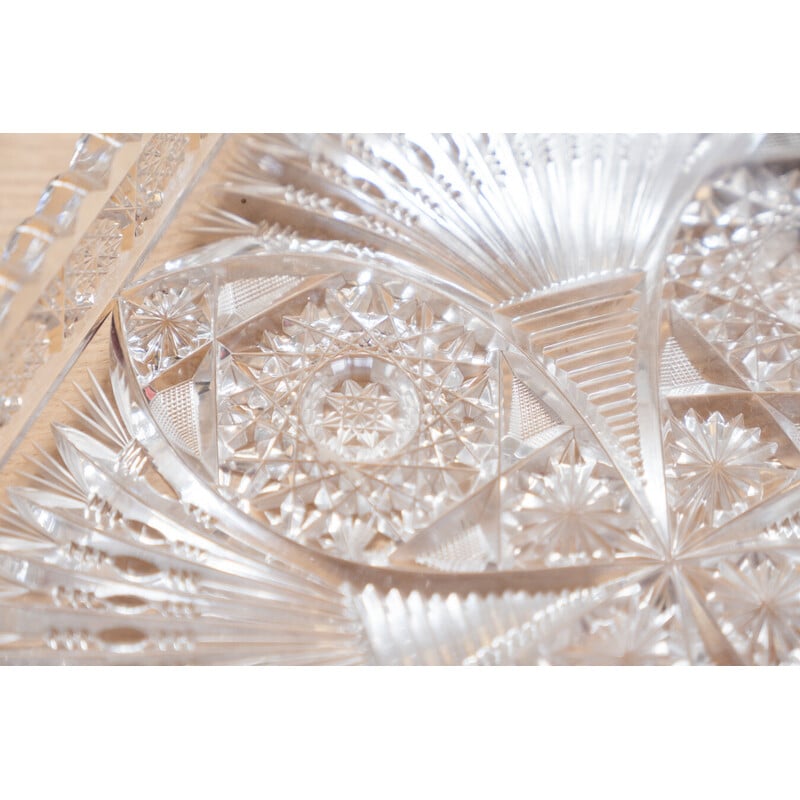 Vintage square hand-carved Bohemian crystal tray