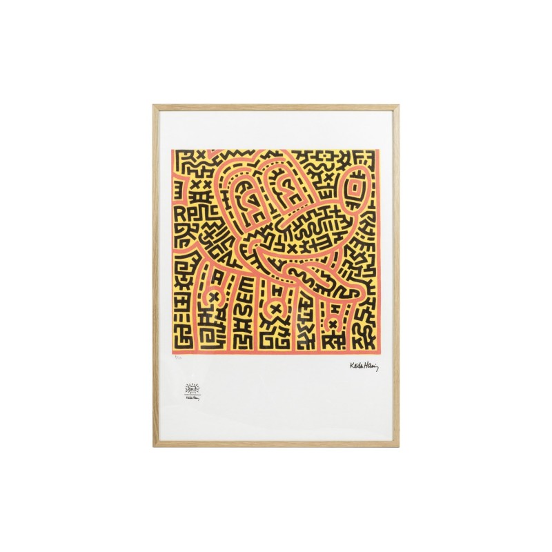 Sérigraphie vintage cadre en chêne blond par Keith Haring, 1990