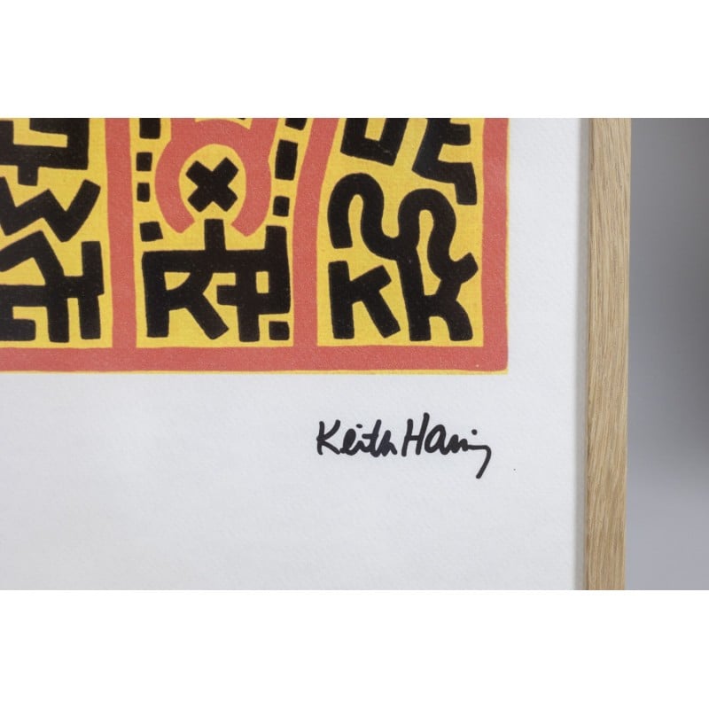 Serigrafia d'epoca in cornice di rovere biondo di Keith Haring, 1990