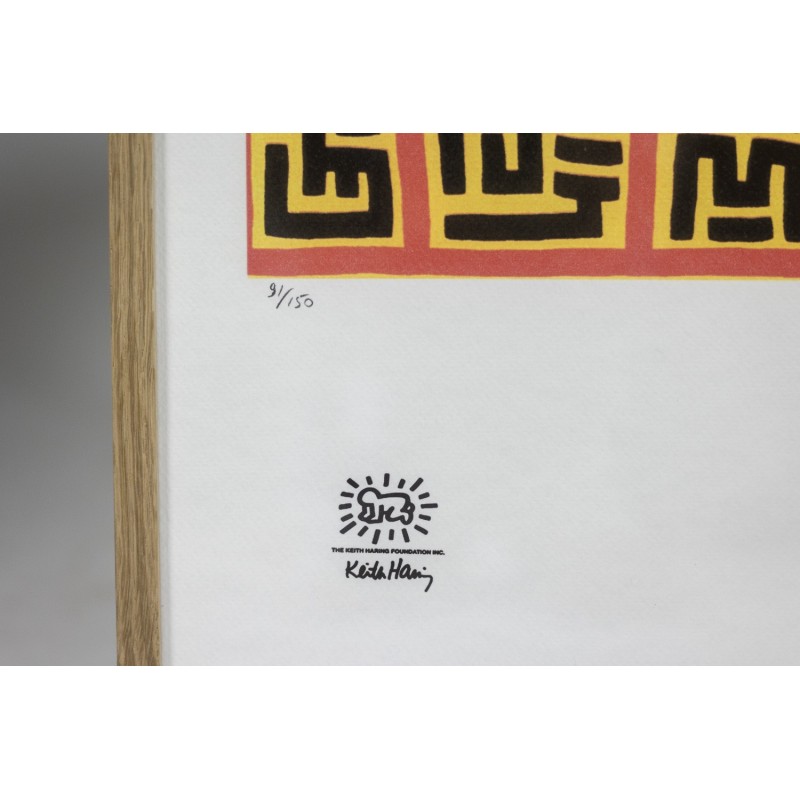 Serigrafía vintage en marco de roble rubio de Keith Haring, 1990