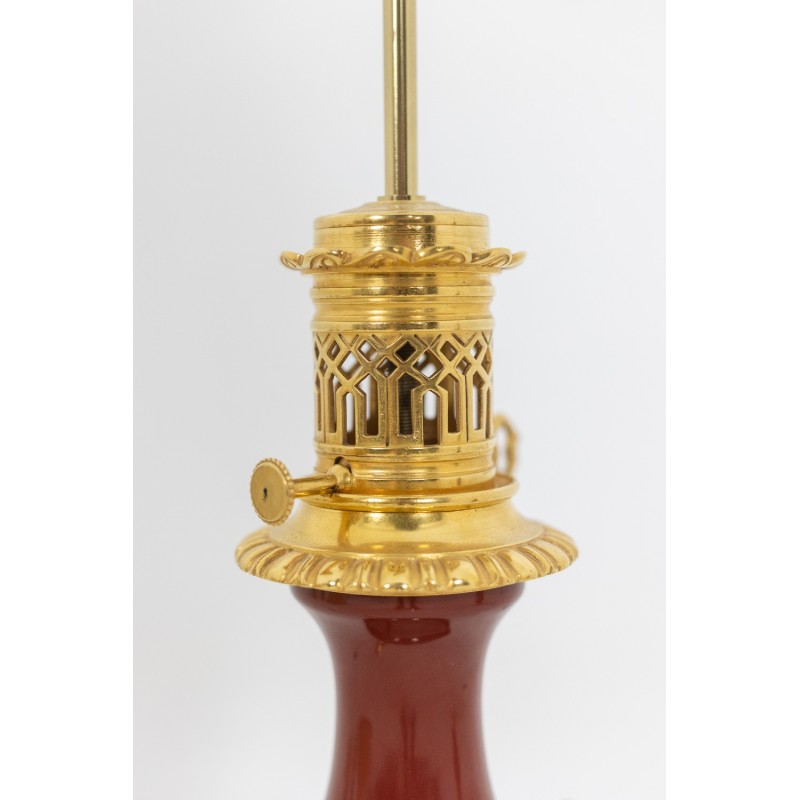 Pair of vintage lamps in bronze and oxblood red porcelain, 1880