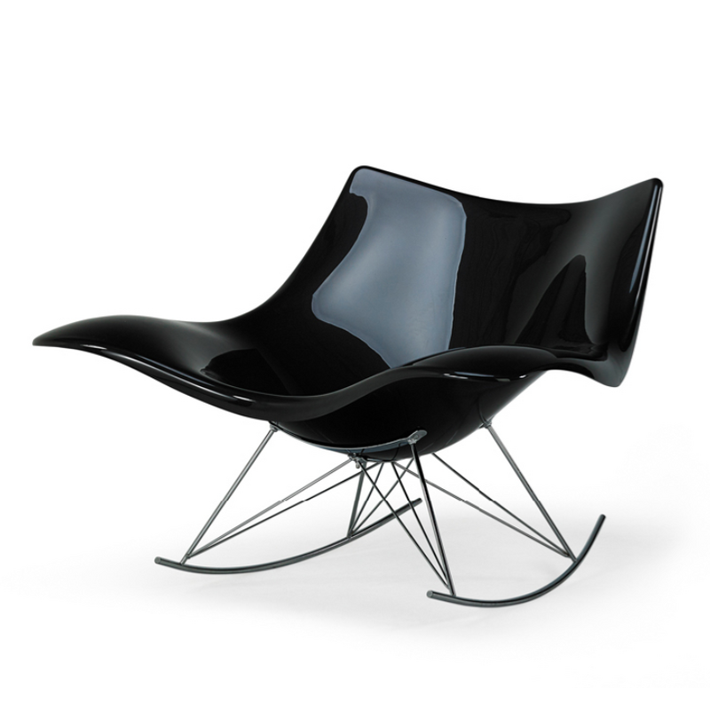 Stingray" vintage schommelstoel van zwart gegoten kunststof en verchroomd staal door Thomas Pedersen voor Fredericia