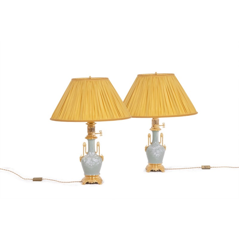 Pair of vintage Céladon lamps in porcelain and bronze, France 1880