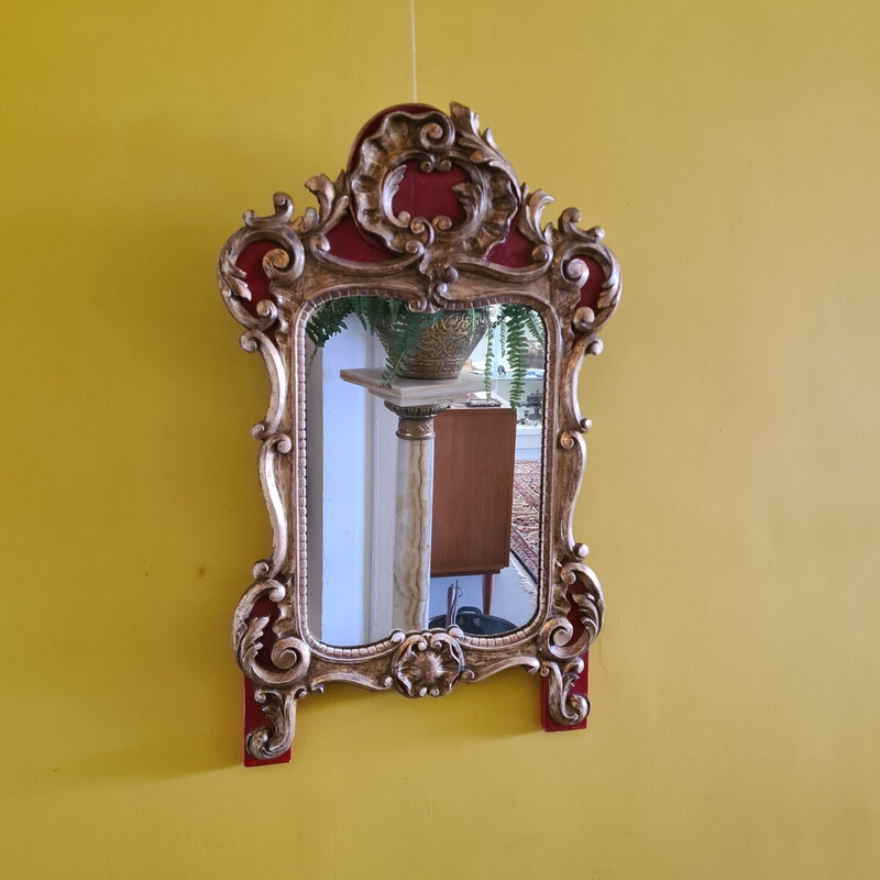 Espejo vintage de madera pintado en rojo y dorado, Francia