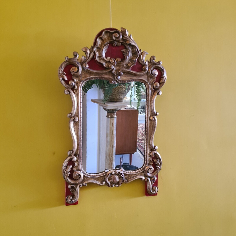 Vintage wooden mirror painted in red and gold, France