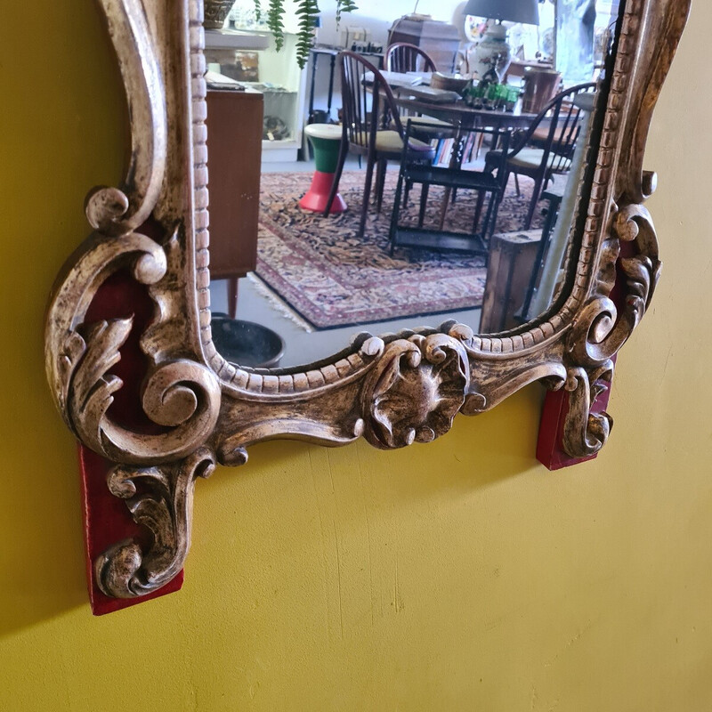 Vintage wooden mirror painted in red and gold, France