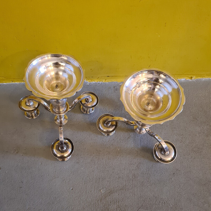 Paar vintage zilver metalen kandelaars met 3 kaarslampen