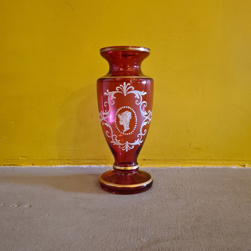 Vintage red vase with white enamel decor