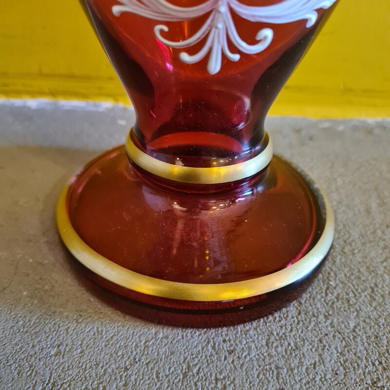 Vintage red vase with white enamel decor