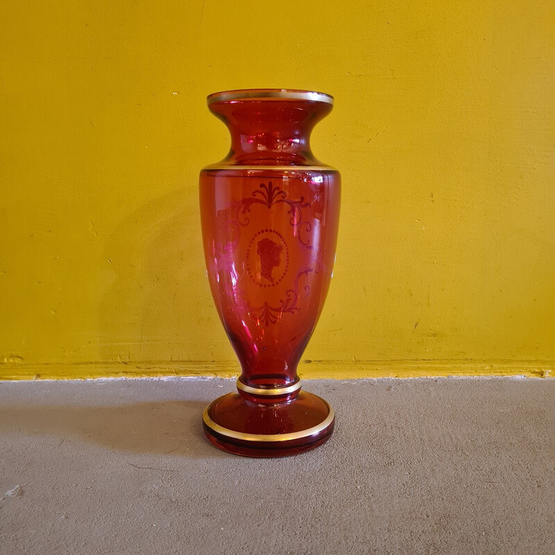 Vintage red vase with white enamel decor