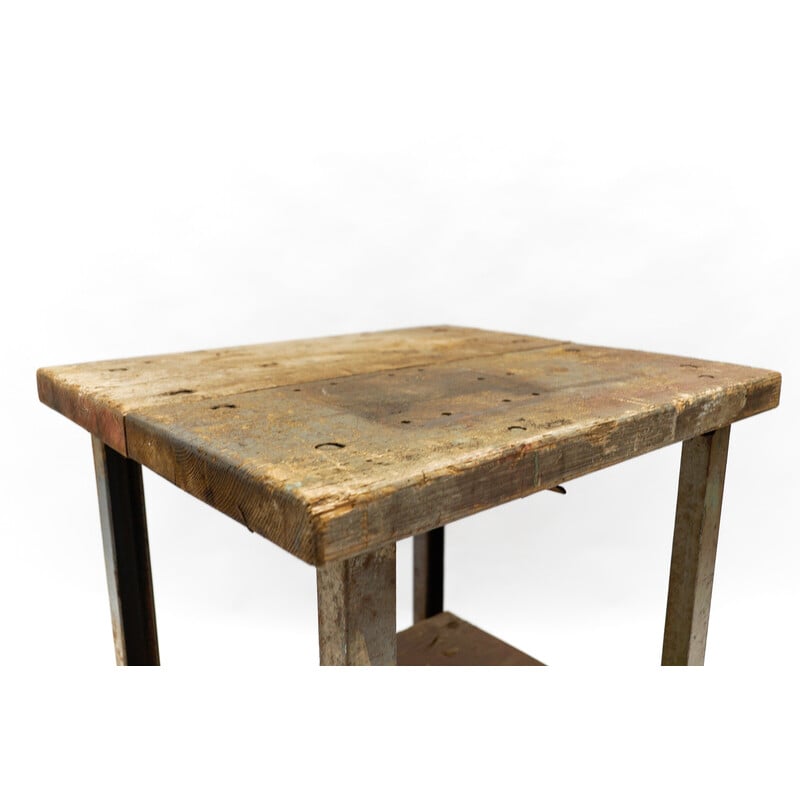Tavolo da lavoro industriale Art Déco vintage in acciaio e legno, 1940