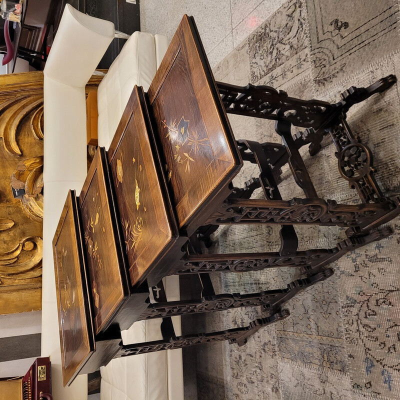 Vintage Art Nouveau nesting tables in wood and brass