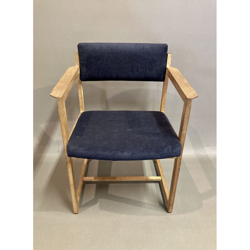 Vintage armchair in navy blue limed oak, 1960