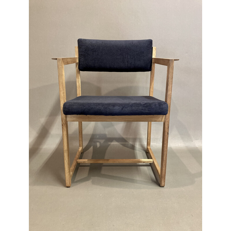 Vintage armchair in navy blue limed oak, 1960