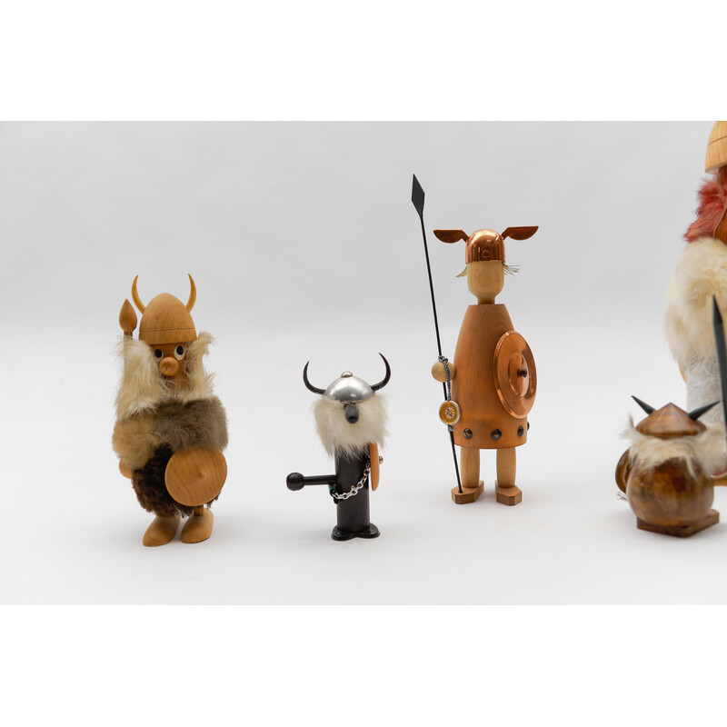 Set of 6 vintage wooden vikings, 1950