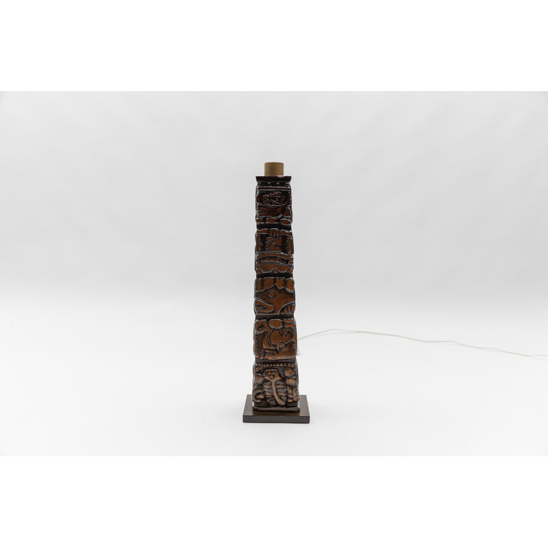 Vintage Totem Maya table lamp in hand-carved wood for Temde, Honduras 1960